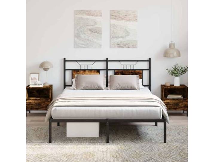 YUTAASU Bettgestell Ohne Matratze Räuchereiche 150x200 cm Holzwerkstoff Stahlrahmen Stabil, Lattenrost Inklusive, Kopfteil, Stauraum Unter Dem Bett