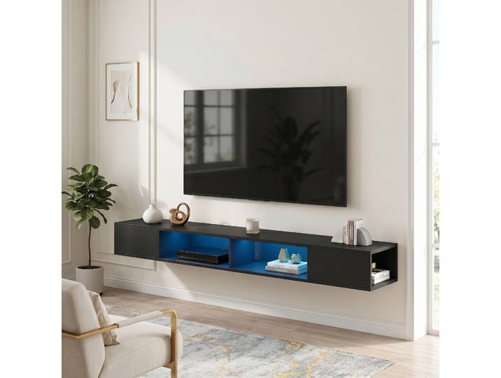 HOMCOM Meuble TV Suspendu 180cm LED RGB Noir avec Étagères