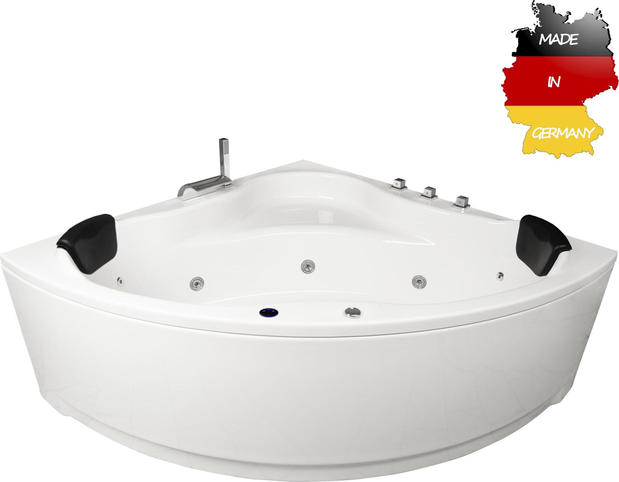 Basera BASIC Indoor Eck-Whirlpool Badewanne Malai 150 x 150 cm mit 13 Massagedüsen, Wasserfall, LED-Ambiente