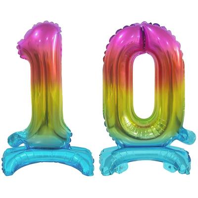 Stehender Folienballon Zahl 10 Regenbogen bunt 38 cm