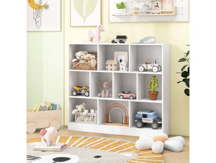DREAMADE Bibliothèque en Bois à 3 Niveaux Etagère de Rangement à 10 Cubes avec 2 Kits Anti-basculement pour Jouet Livre Blanc