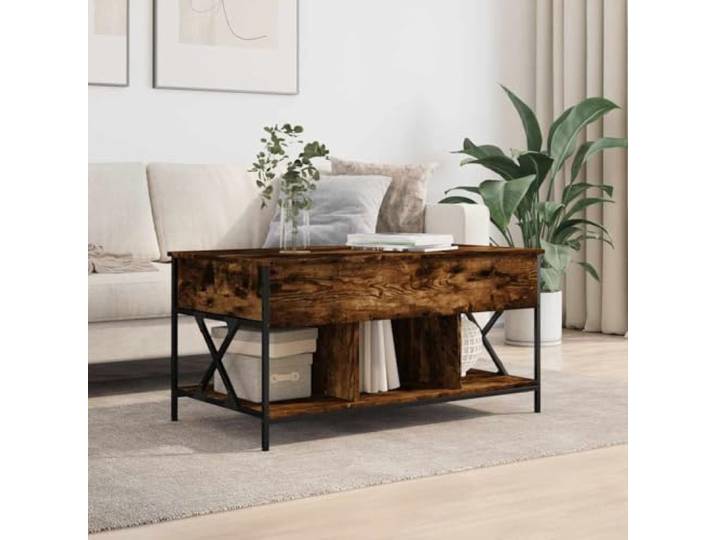 KTHLBRH Couchtisch Eiche Rauchgrau 100 x 55 x 50 cm mehrschichtig und Hebefläche, großer versteckter Stauraum, 4 verstellbare Füße, robuste Konstruktion