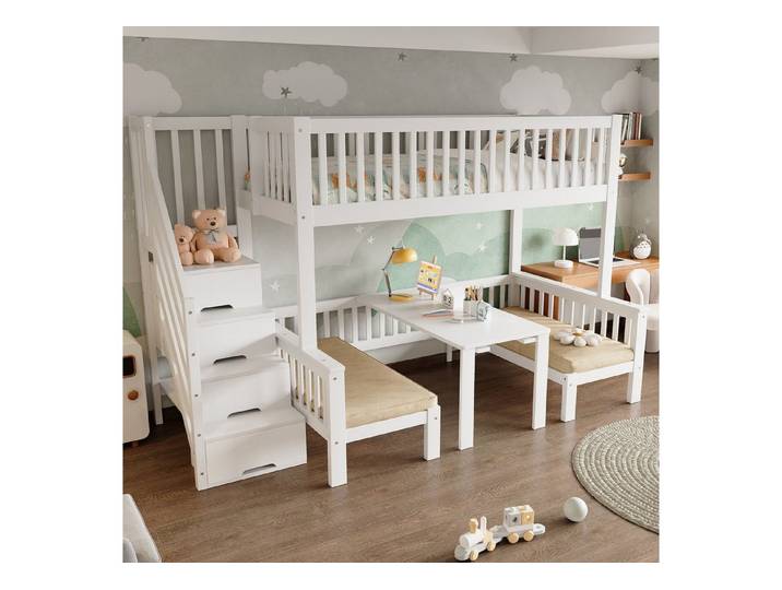 STILVORA Etagenbett mit Treppe,90/120x200Kinderbett Holzbett mit Sicherheitsgeländer&Tisch