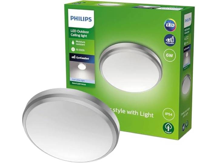 Philips my Garden LED Doris Deckenleuchte Doris, 6W, kaltweißes Licht 4.000K, IP54 Schutzklasse, Nickel