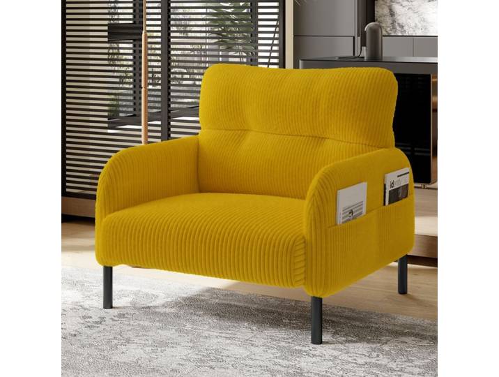 Fauteuil Moderne avec Accoudoirs et Poches Latérales - Revêtement Velours Côtelé - Pieds Métal - Jaune