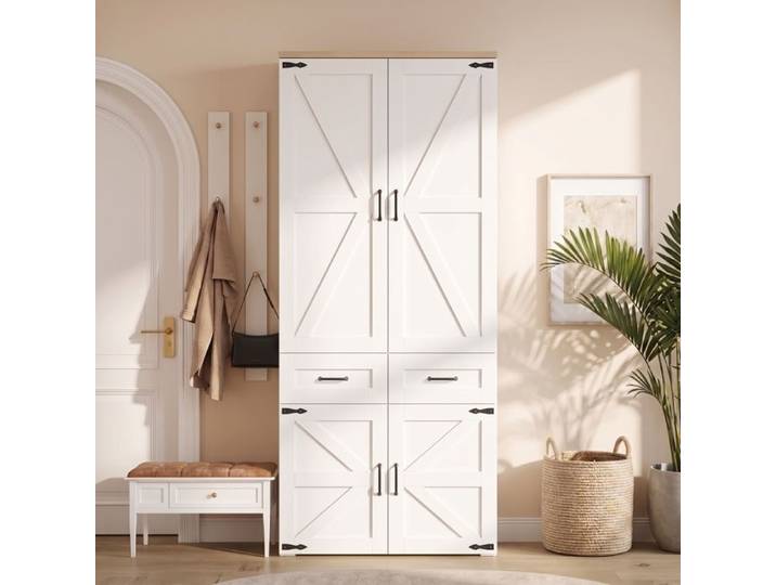 Armoire penderie à portes de grange 4 portes 2 tringles 5 tiroirs 90x50x200 cm armoire à vêtements pour chambre et chambre d'enfants