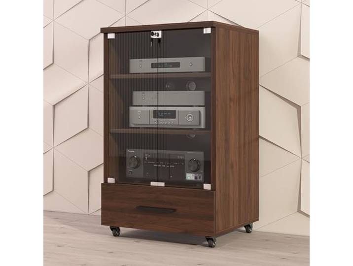 cendbirut Stereo-Schrank, AV-Schrank, Audioregalschrank mit gehärteten Glastüren, Media-HiFi-Regal, Eck-Entertainment-Center, Audio- und Videoschrank, Audioständer-Regal für KTV,Walnut,3Layer