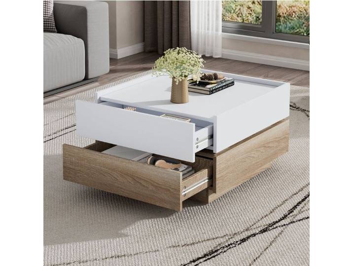 Table basse SENVIRO pivotante bicolore rangement discret 60x60x38cm blanc noyer