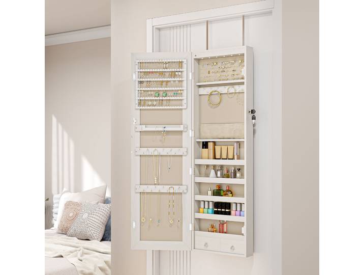 HOMCOM Armoire à Bijoux LED Murale/Porte avec Miroir Blanc