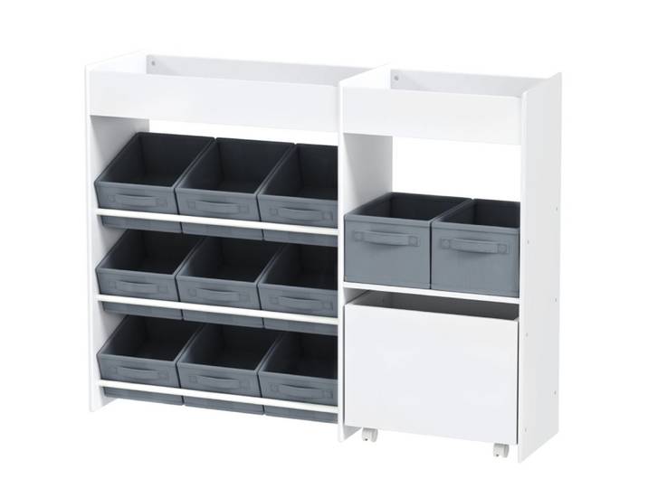 OKWISH Kinderregal 105x80x30 cm mit 11 Stoffboxen und Schrankfach – Weiß, Packung 1-tlg., Ordnung für Kinderzimmer, praktisch & dekorativ