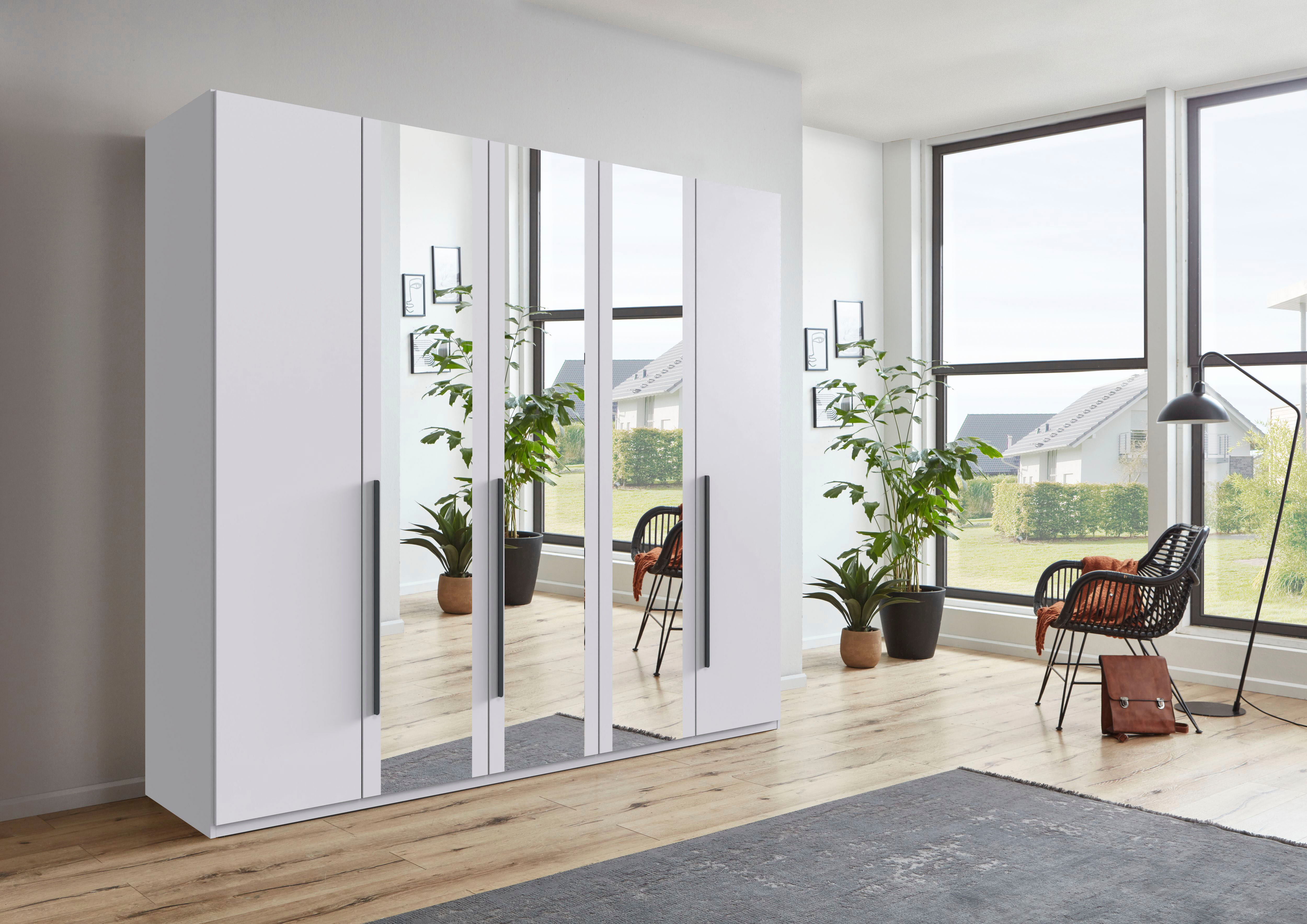 Drehtürenschrank WIMEX "London in den Breiten 180cm, 225cm und 270cm erhältlich, inkl. Spiegel", weiss (weiß, griffe grafit), B:225cm H:208cm T:58cm, Holzwerkstoff, Schränke, Drehtürenschrank, Kleiderschrank wahlweise mit Basic- o. Premium-Ausstattung erh