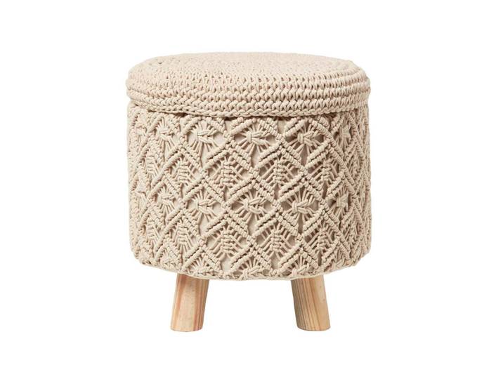 Homescapes Makramee-Hocker mit Stauraum Indy natur, 41/41/43 cm, Naturfarben, Uni, Rund, 41x43x41 cm, Wohnzimmer, Sessel, Hocker & Hockerbänke, Sitzhocker