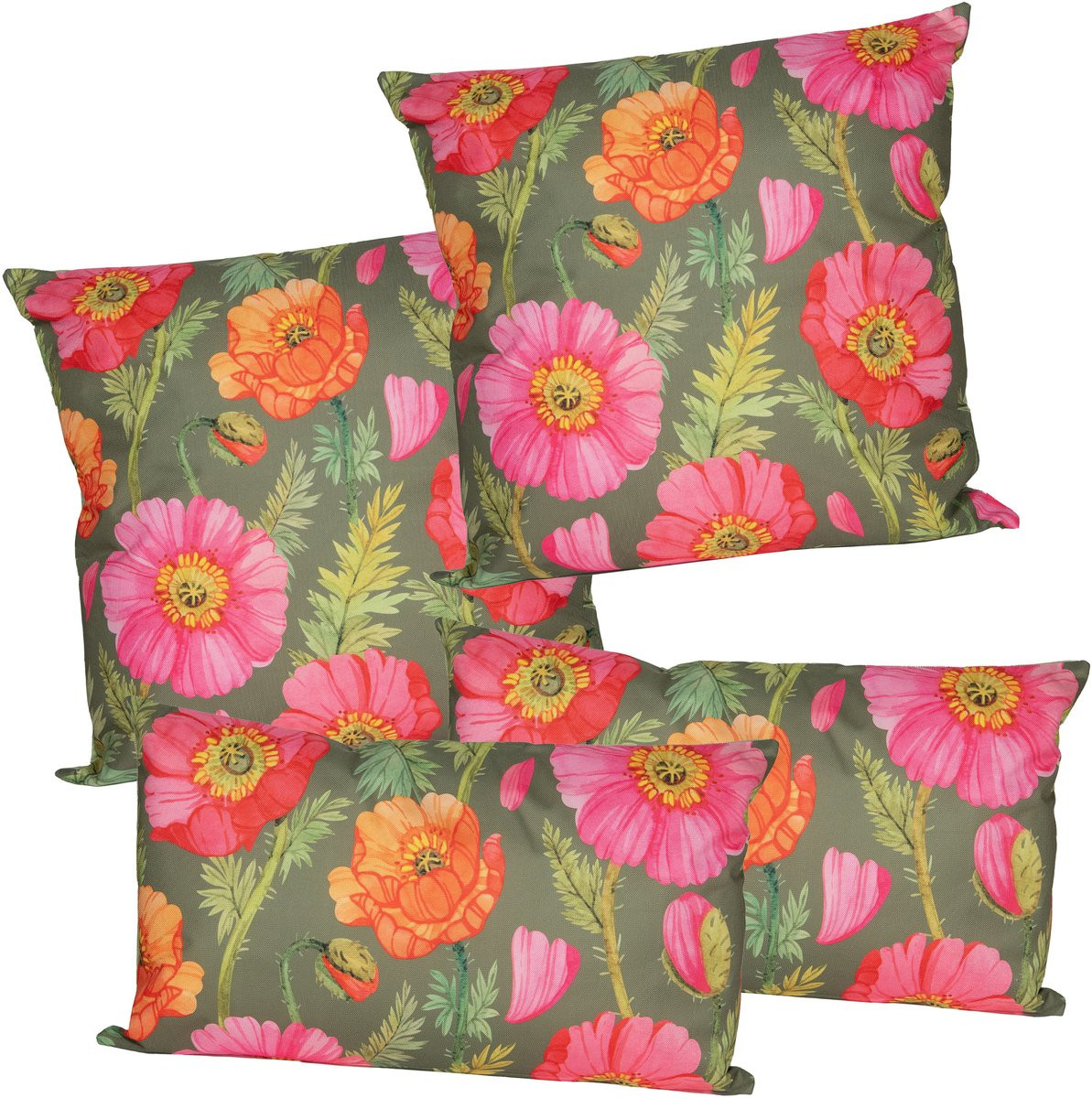 Anna Collection Sierkussen set voor binnen en buiten - 4 stuks - Klaproos bloemen - Roze/Groen