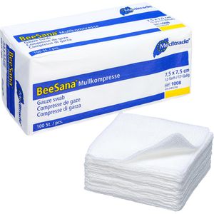 Meditrade Mullkompressen BeeSana, aus Baumwolle, unsteril, fusselfrei, mit Falzkanten, 12-lagig, 7,5 x 7,5 cm, 100 Stück