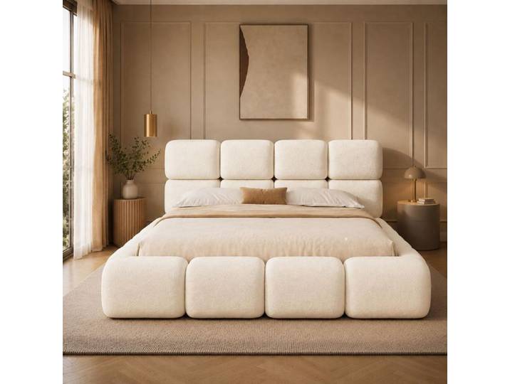 Lit 180x200 Lit Coffre 180x200 avec Rangement hydraulique Sommier à Lattes Tête de lit rembourrée Bubble design Blanc bouclé