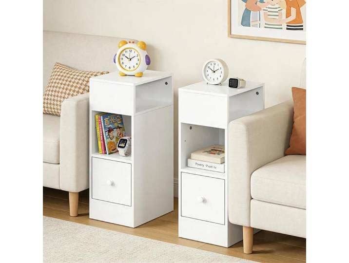 LVHCMFOHM Lot de 2 Tables de Chevet Étroites Blanc 66cm Haut 1 Tiroir+2 Étagères Chacune 25x30cm Style Scandinave