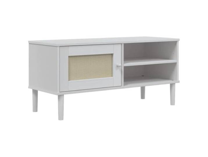 Kaorsrow TV-Schrank SENJA Rattan-Optik Weiß 106x40x49 cm Kiefernholz Boho Lowboard mit Poly-Rattan Tür und 3 Fächern für Ordnung im Wohnzimmer. UV-lackiertes Kiefernholz.