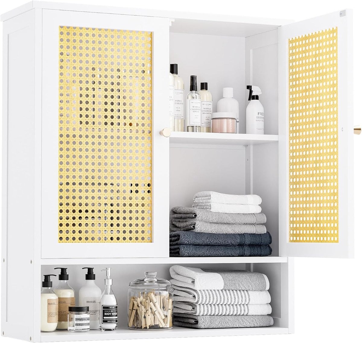 Badkamer Wandkast van Bamboe met 2 Rieten Deuren - Ruimtebesparende Medicijnkast voor Badkamer, Keuken of Woonkamer