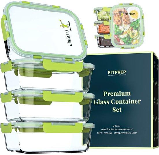 8-delige luchtgedichte glazen containerset met groene clips, 880 ml, lekvrij en vaatwasserbestendig