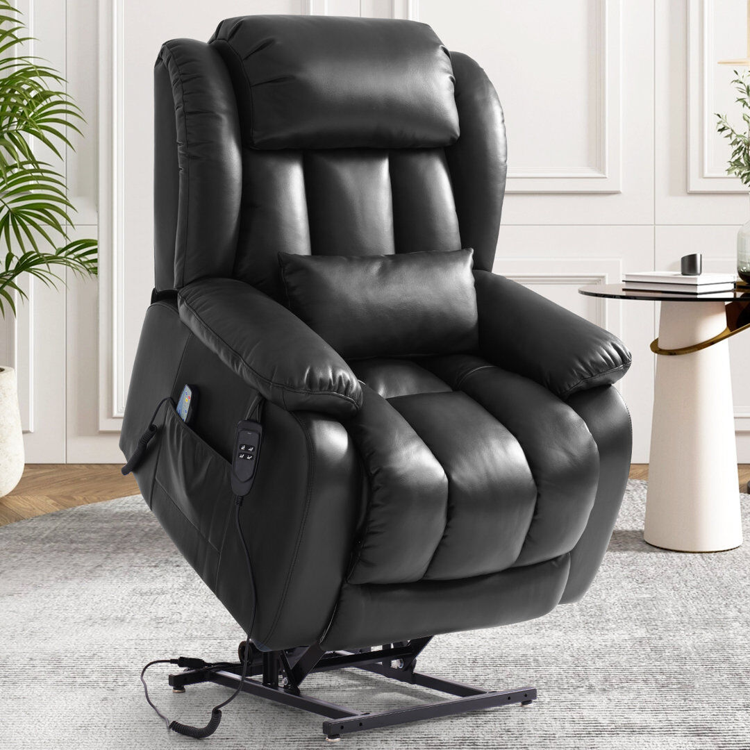Ebern Designs Dual Motor Leather Power Lift Recliner, Infinite Position Lay Flat, Heat & Massage for Adult&Elderly Black 105cm H X 100cm W X 102cm D