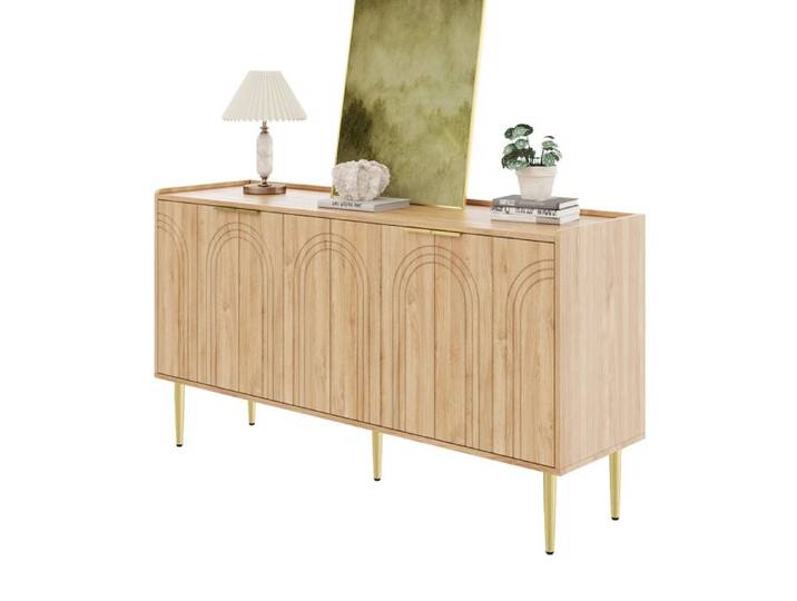 Buffet bas moderne – Naturel – 4 portes – MDF – pieds métal doré – 140 cm