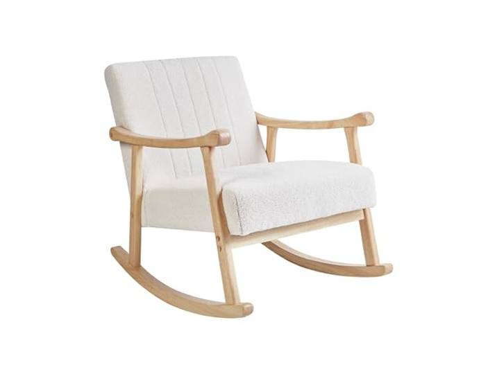 Beliani Schaukelsessel Bouclé Stoff Creme weiß gepolstert hellbraune Holzbeine Leknes