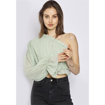 Klassische Bluse FRESHLIONS, Damen, Gr. M, grün (mint), 100% Polyester, unifarben, kurz, Blusen, im asymmetrischen Design
