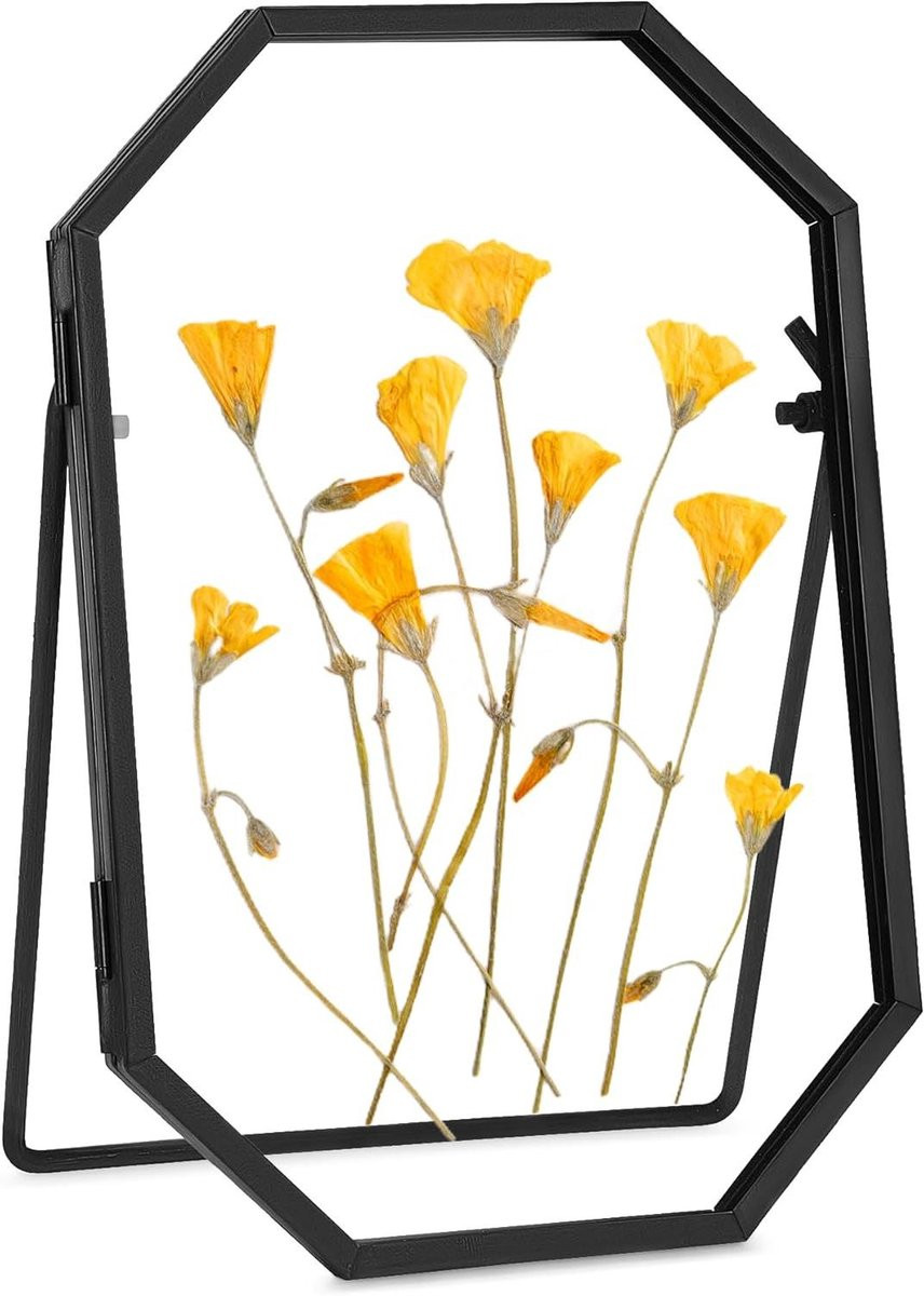 Handgemaakte Octagon Fotolijst met Glas en Gedroogde Bloem - Zwart - 10 x 15 cm