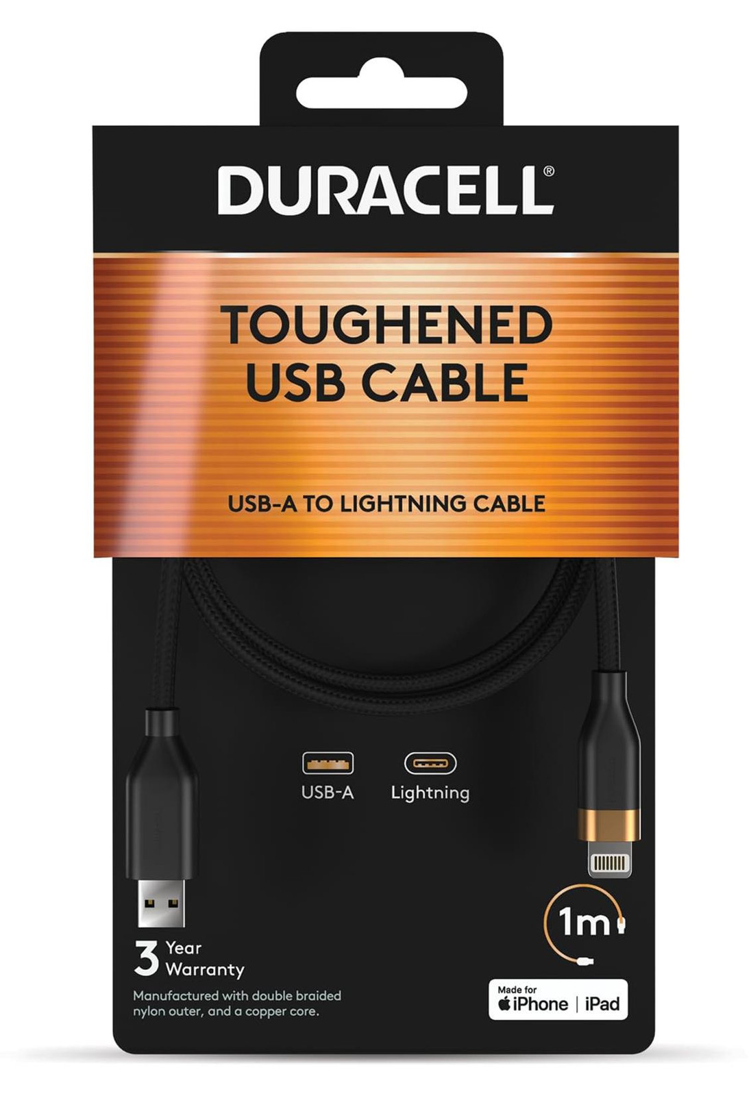 Duracell DRU5012A Lightning naar USB-A kabel, 1 meter, zwart
