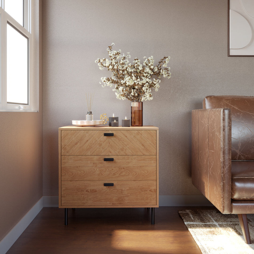 17 Stories Nathainel 80 cm W Chest of 3 Drawers Brown 78.5cm H X 80cm W X 40cm D