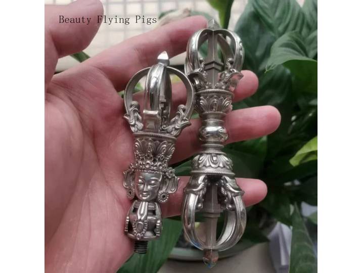 1 pièce, Cloche et pilon tibétains en cuivre blanc de qualité artisanale, Cloche à neuf pieds de précision, Ornement Feng Shui
