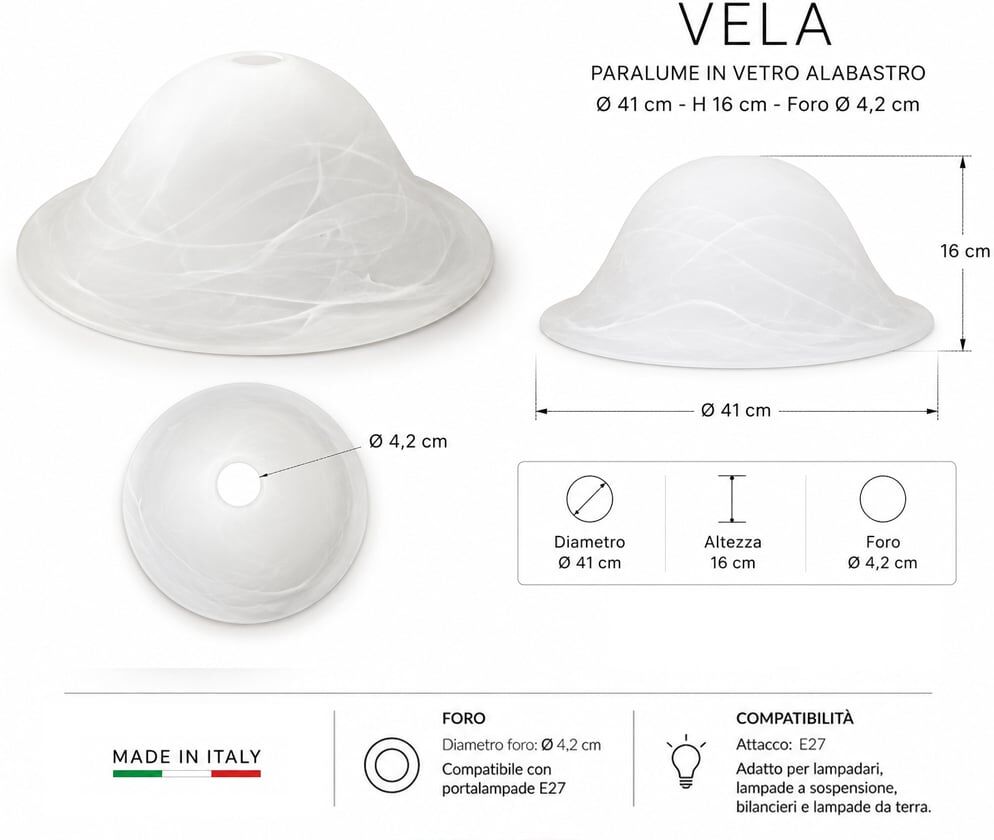 Vela Paralume Ricambio Vetro Alabastro Bianco Ø41 Cm E27 Made In Italy