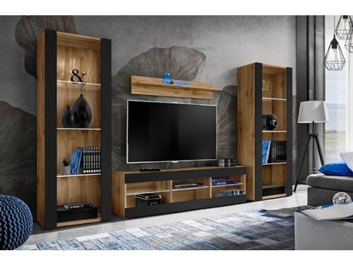 Komodee Wohnwand TV Tivoli Grande Schwarz/Wotan 250x159x35 cm Wohnwand Tivoli Grande, Schwarz/Wotan, Breite 250cm x Höhe 159cm x Tiefe 35cm, ohne LED , für Wohnzimmer