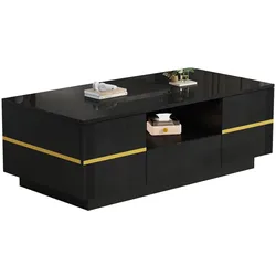 Merax LED Couchtisch 100 x 50 x 35.5 cm mit 2 Türen, Schublade, offenem Fach und Hochglanzfronten, Schwarz