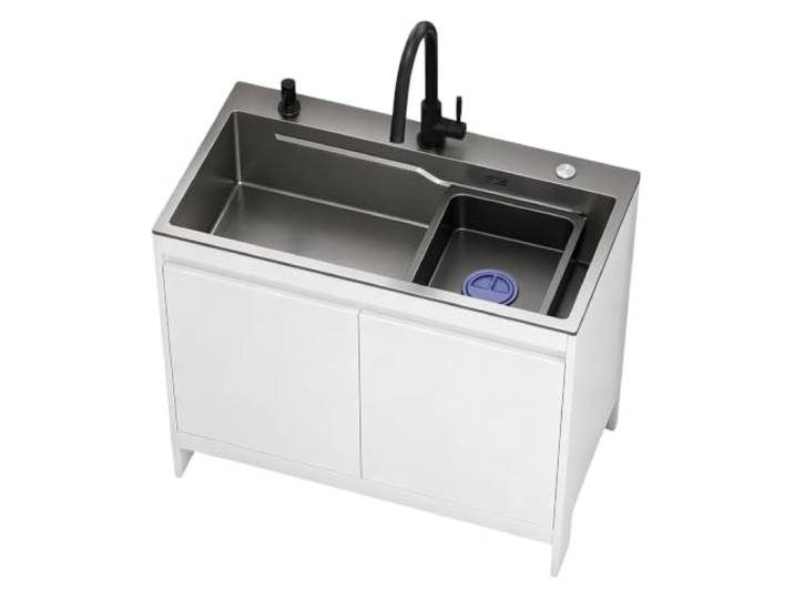 Freistehende Edelstahl-Spüle mit Unterschrank, 68/80cm Mehrzweckspüle, Aluminium-Schrank, Kalt-/Warmwasser-Armatur, Einzelbecken, Innen-/Außenbereich, Küche/Bad(A-White,L:80cm)