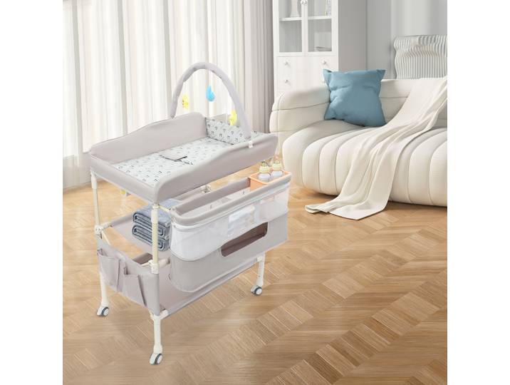 Table à langer Mobile à hauteur réglable pour bébé, Station à langer roulante avec roues verrouillables et rangement, ergonomique
