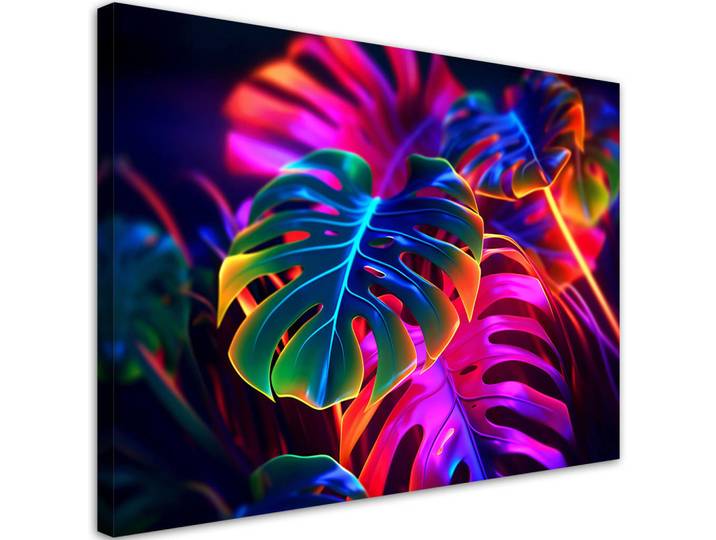 Feeby Leinwandbild Monstera fluoreszierende Blätter 100x70cm, Mehrfarbig, Abstrakt, Rechteckig, 100x70 cm, Bilder & Rahmen, Bilder, Leinwandbilder