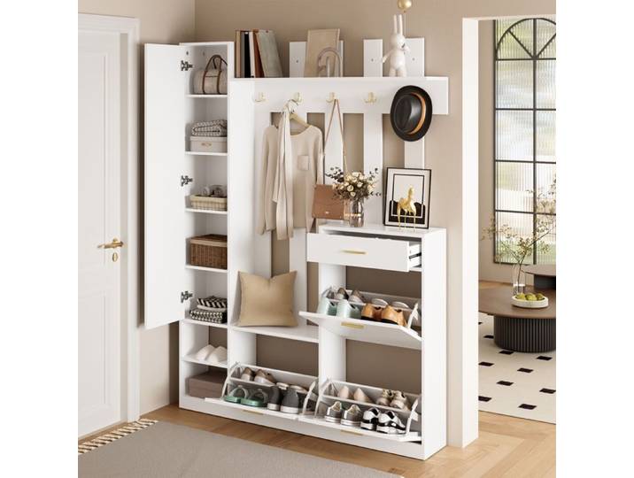 Porte-manteau vestiaire compact avec miroir 3 range-chaussures Gain de place pour entrée et couloir Blanc 133 cm