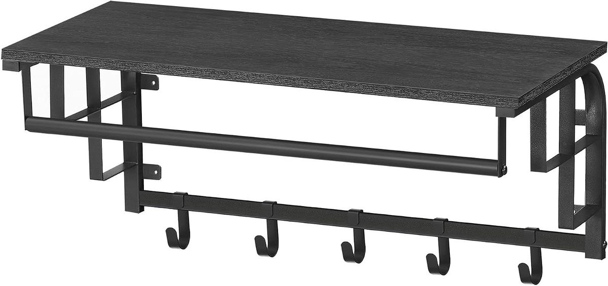 Zwarte multifunctionele wandkapstok met plank en haken, Breedte: 66 cm