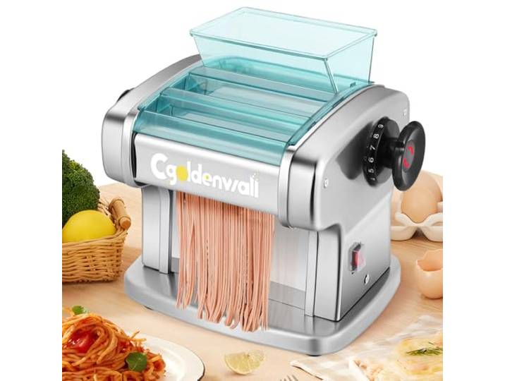 CGOLDENWALL Elektrische Nudelmaschine, 2 Klingen, 9 Dicken (0.5-5mm) ABS-Schutz, 2.5mm & 4mm Klingen, Pastamaschine Edelstahl, für Frische Tagliatelle, Fettuccine, Spaghetti, Ravioli, 135W