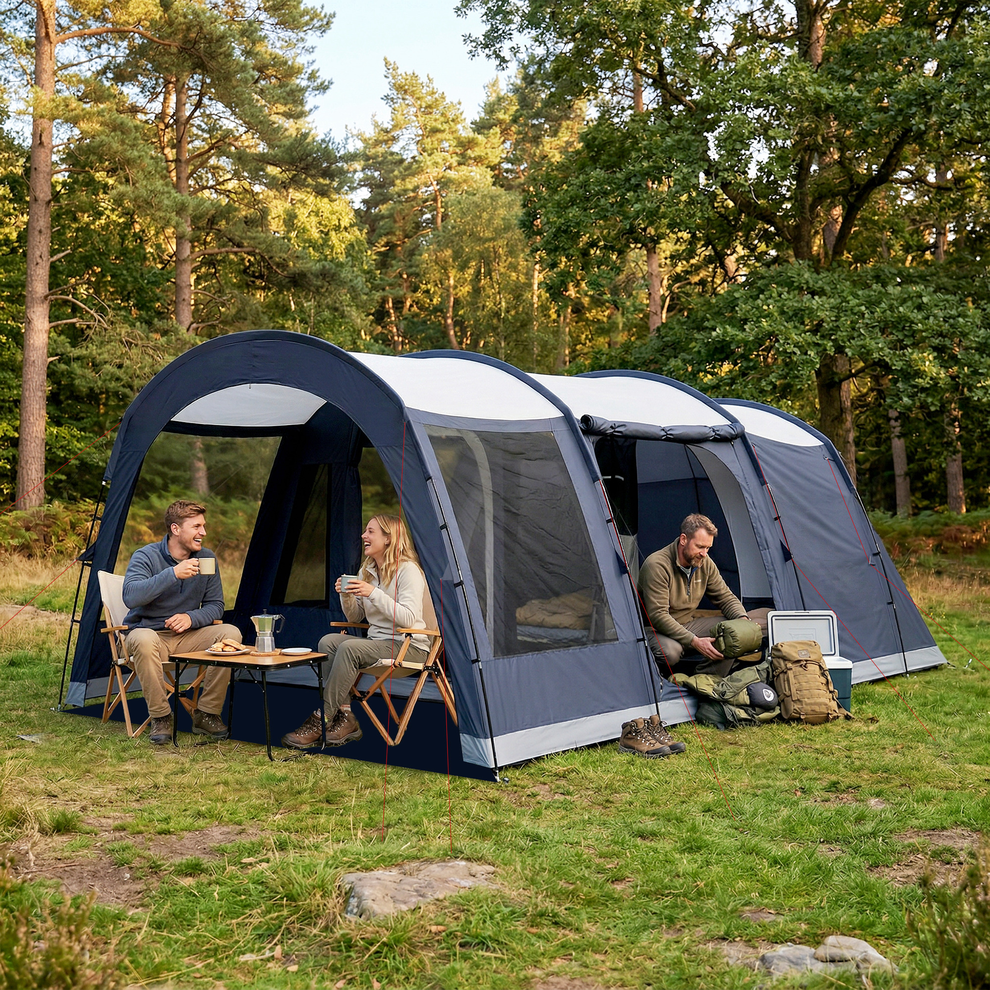 Outsunny Tenda Campeggio a Tunnel per 2-4 Persone Alta 210cm con 2 Stanze, Impermeabile 3000mm per Trekking, Blu navy   Aosom Italy