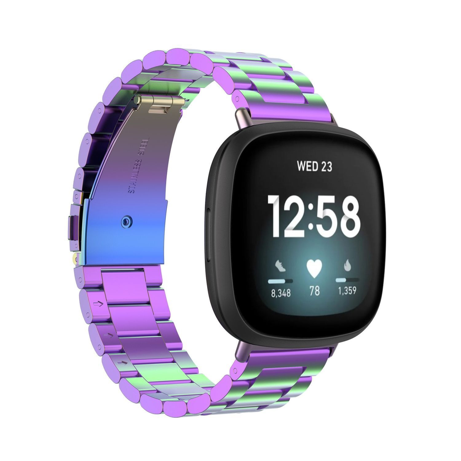 Wigento Reservearmband van roestvrij staal voor Fitbit Versa 4, Versa 3 en Sense 1 of 2, Paars/Zilver