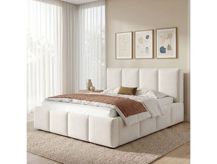 Lit capitonné - Zephmum - 180x200 chenille beige lattes