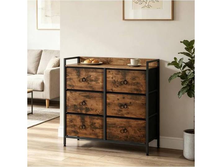VUENOR Commode 6 tiroirs 80 x 29 x 78 cm marron et noir – style industriel