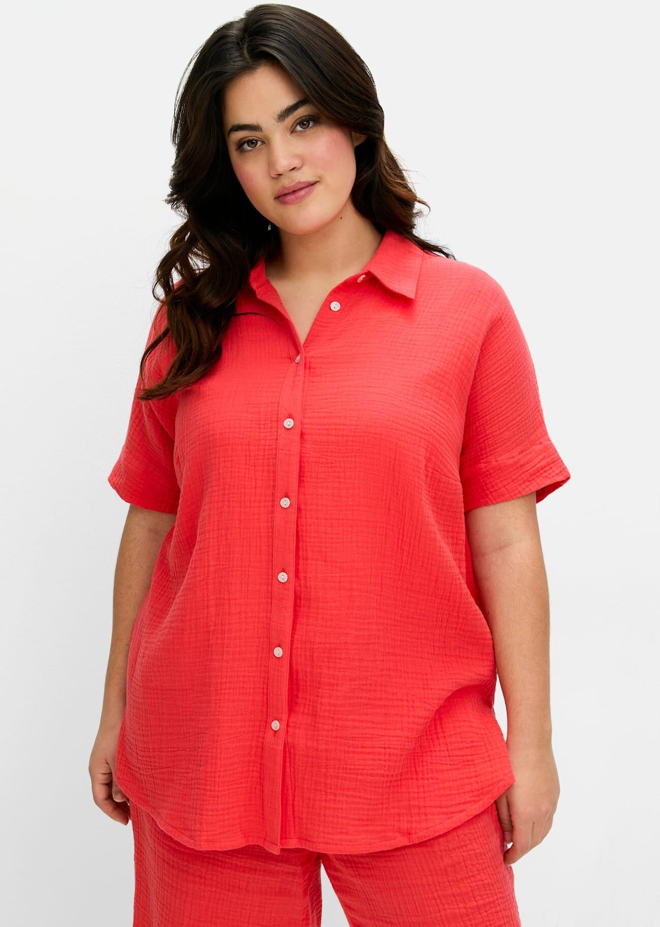 Hemdbluse SHEEGO, Damen, Gr. 48, rot (hummer), 100% Baumwolle, unifarben, Blusen Hemdbluse hummer 48