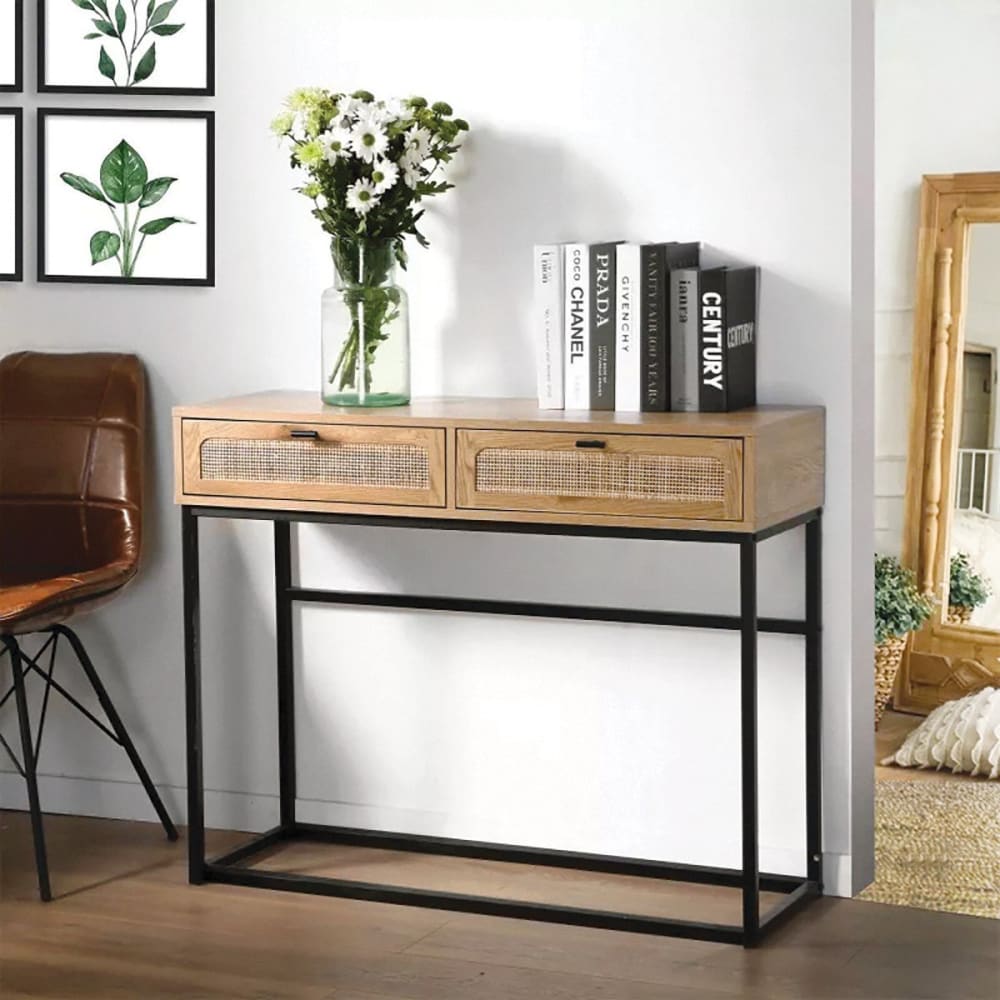 Calicosy Console 2 tiroirs aspect chêne avec cannage rotin - l100cm Beige 100x80x35cm