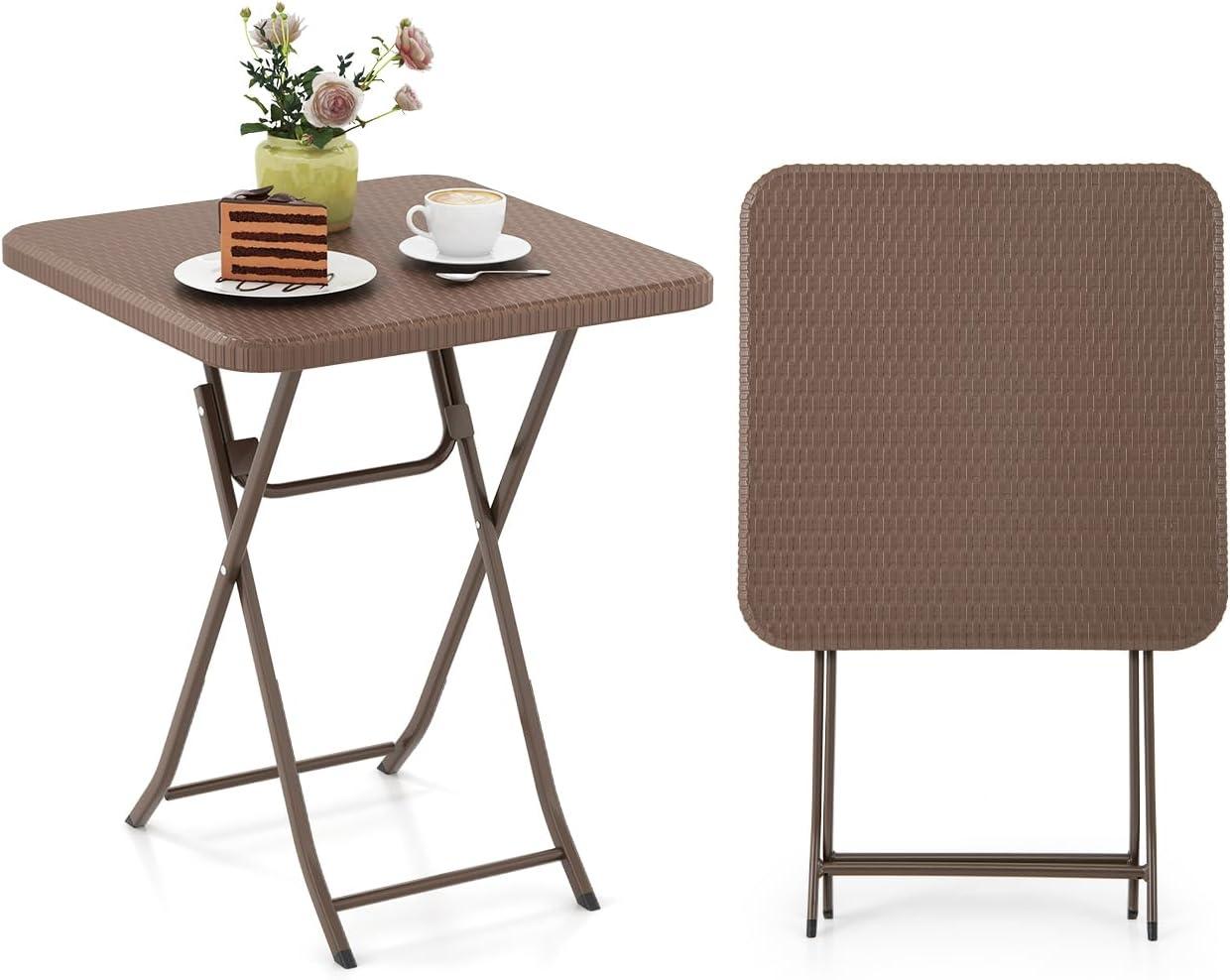 GIANTEX Quadratischer Klapptisch für den Balkon und Garten, für 4 Personen, mit Rattanstruktur, HDPE-Tischplatte und Metallrahmen, tragbar für Hof, Terrasse und Rasen
