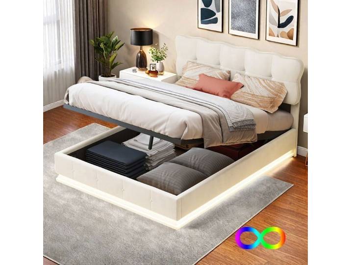 Lit coffre 140x200 cm - LUMINARIX - Beige - Velours - LED intégrée - Hydraulique