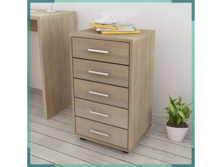Caisson à tiroir de bureau - ASHATA - Chêne - 5 tiroirs - 4 roulettes - 63 cm de hauteur