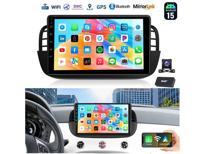 ESSGOO 9'' DAB+ Autoradio 2DIN Für Fiat 500 07-15 Android 15 Carplay GPS NAVI Autoradio (RDS, 4+64GB(optional), Digitalradio (DAB), DAB (optional), FM, GPS, SWC, Apple Carplay Android Auto GPS Navi WIFI BT EQ)